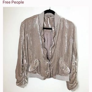 Free People Ruched Velvet Bomber Zip-up Jacket Stone, Size Small